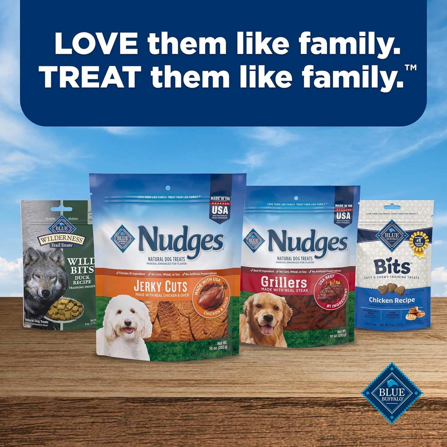 Communicates the brand's emotional positioning and values through its tagline 'LOVE them like family. TREAT them like family.' while showcasing the product line of dog treats available under the…