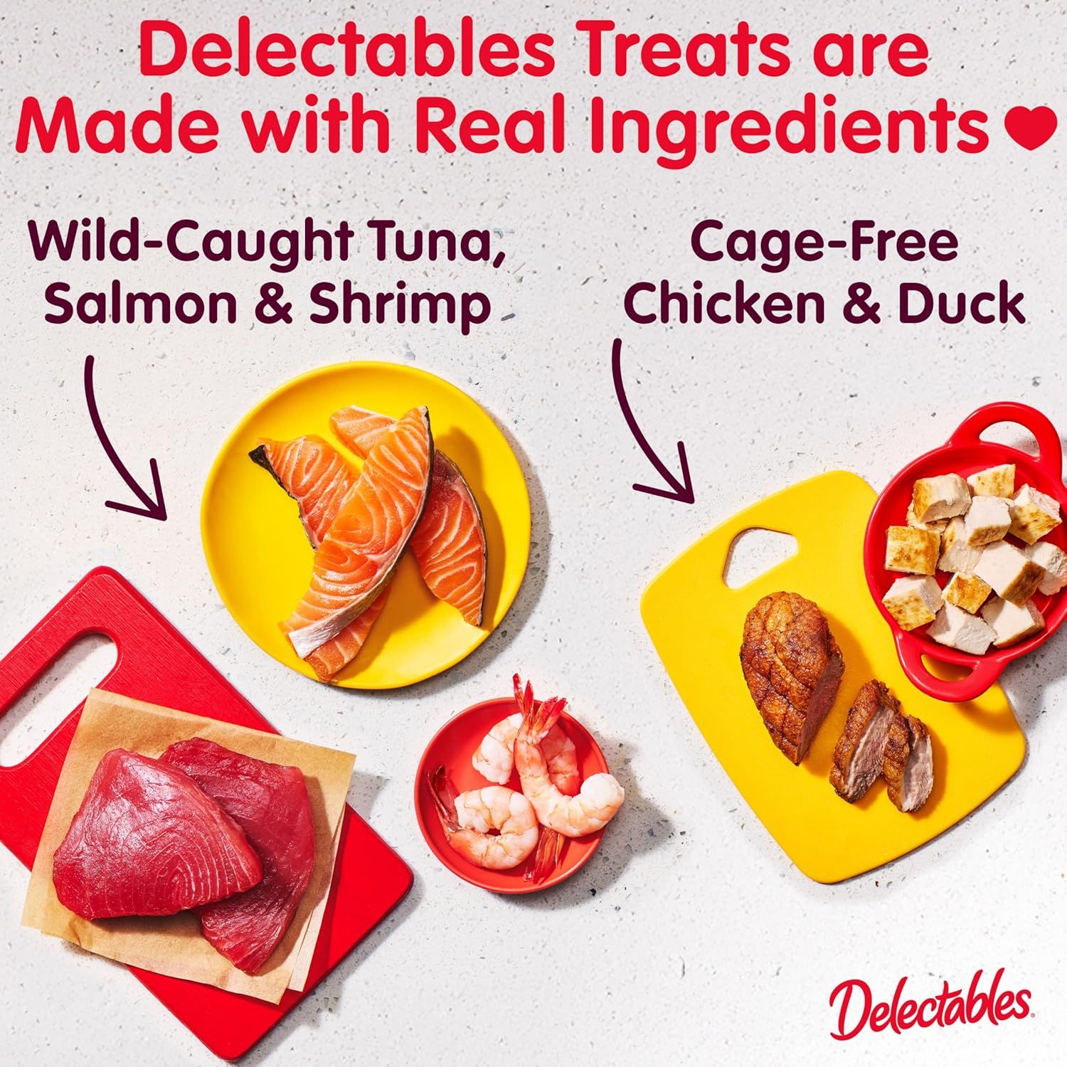 Communicates the quality and variety of real, premium ingredients used in the pet treats, reassuring shoppers about ingredient sourcing and nutritional value.