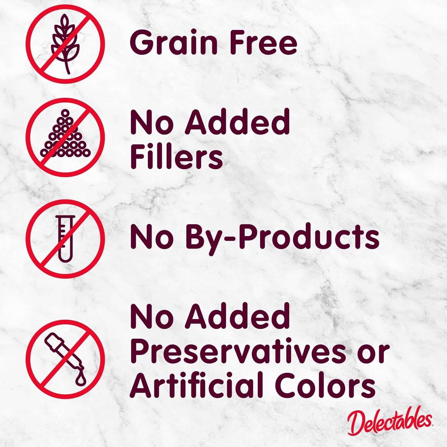 Communicates multiple quality and health benefits of the pet food product by highlighting what harmful ingredients are excluded, reassuring shoppers about the product's natural and wholesome…