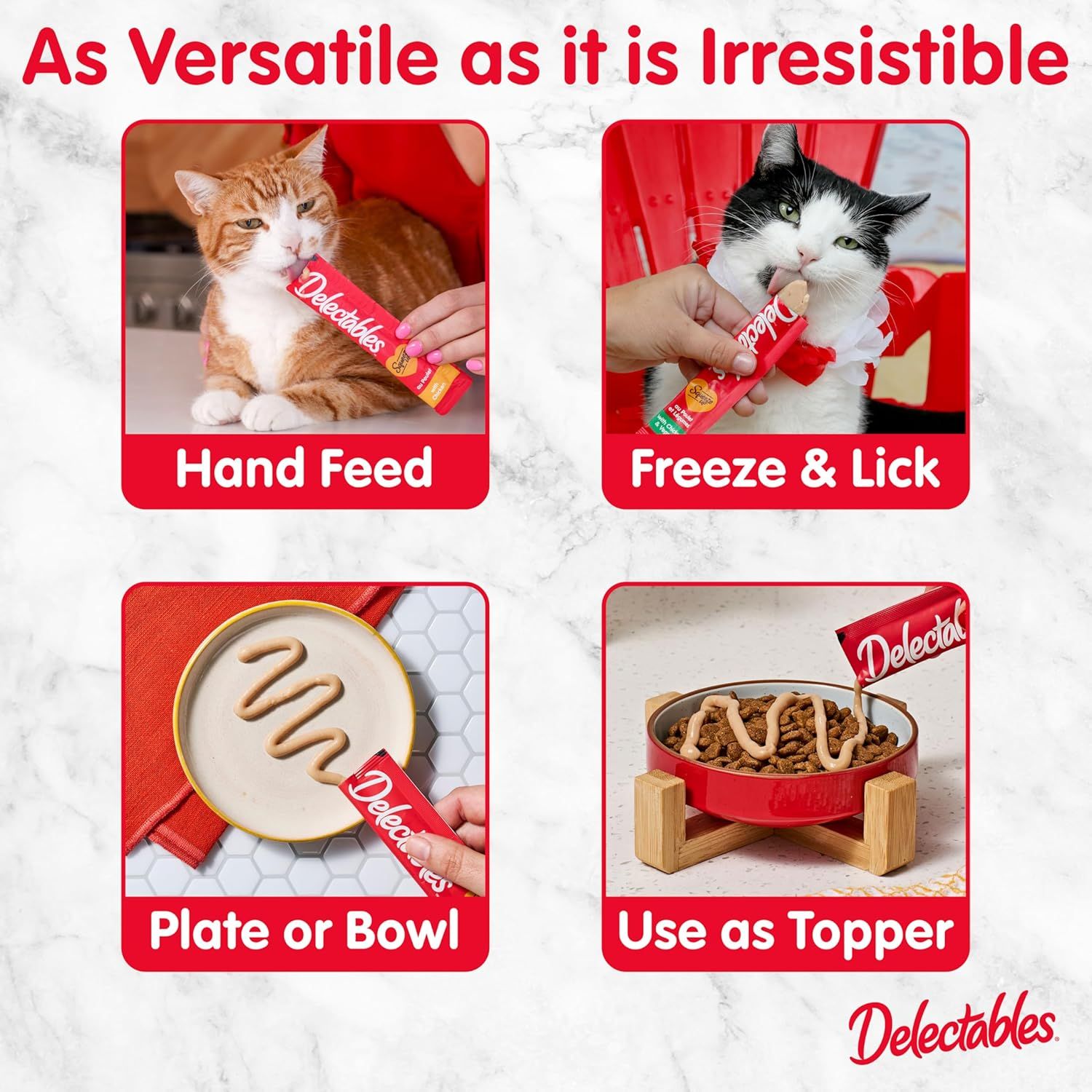 Demonstrates the versatility of the product by showing four different ways to serve and use the cat treat, reassuring shoppers that it can be adapted to their cat's preferences and feeding style.