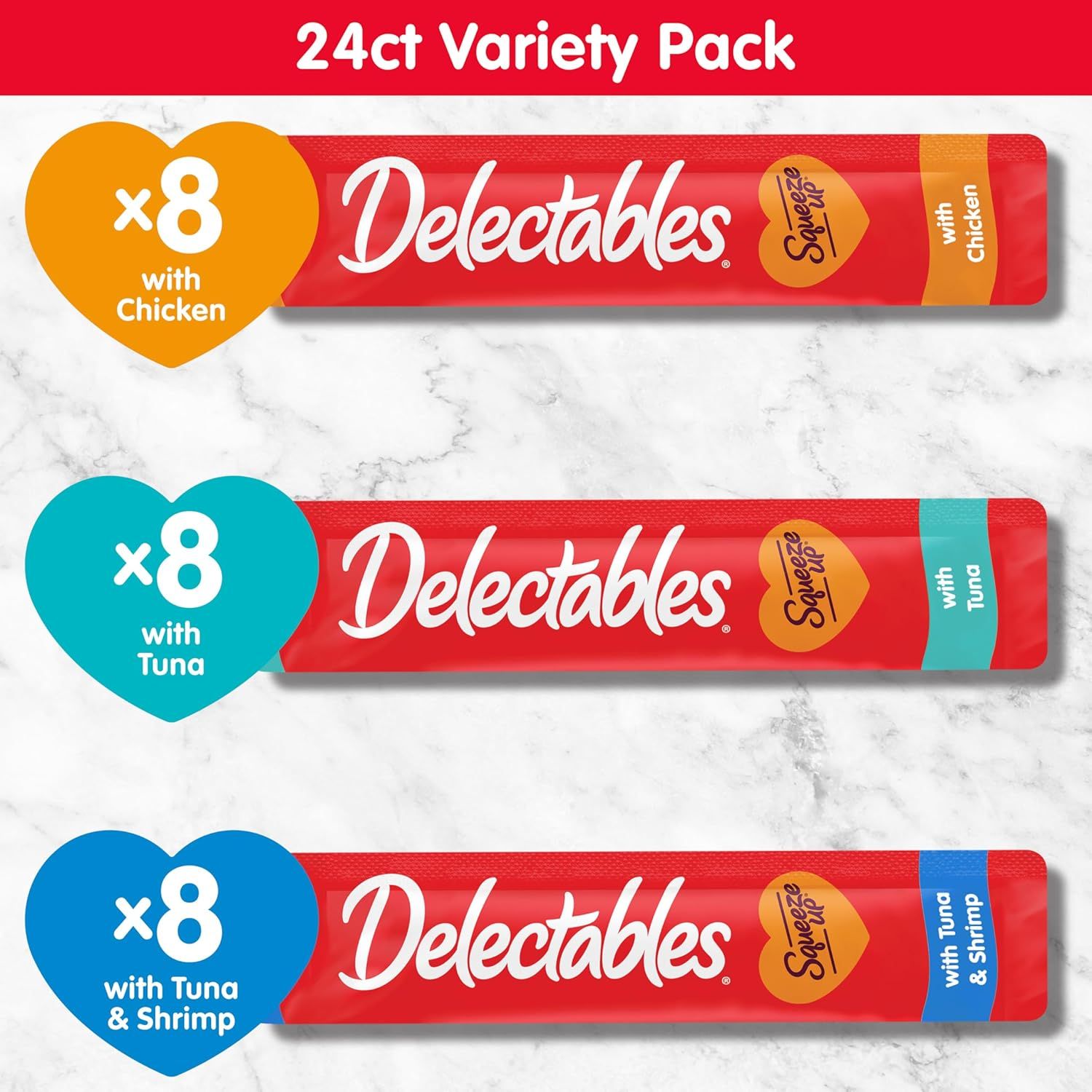 Shows the different flavor options available in the Delectables variety pack to help shoppers understand the product assortment and choose the right variety for their pet.