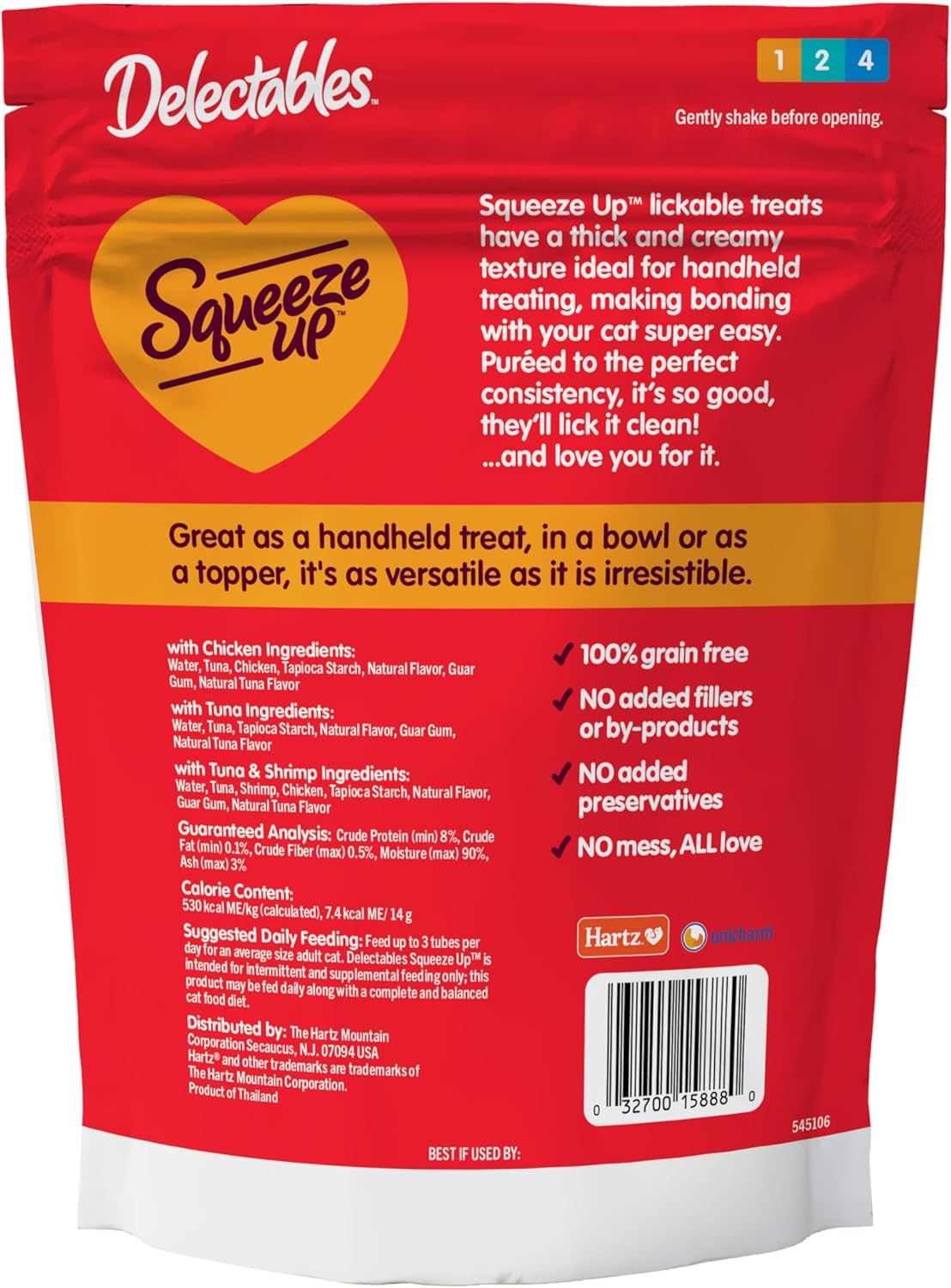Communicates multiple selling benefits of the Squeeze Up treats including texture, versatility, and clean ingredient claims to reassure pet owners of quality and bonding value.