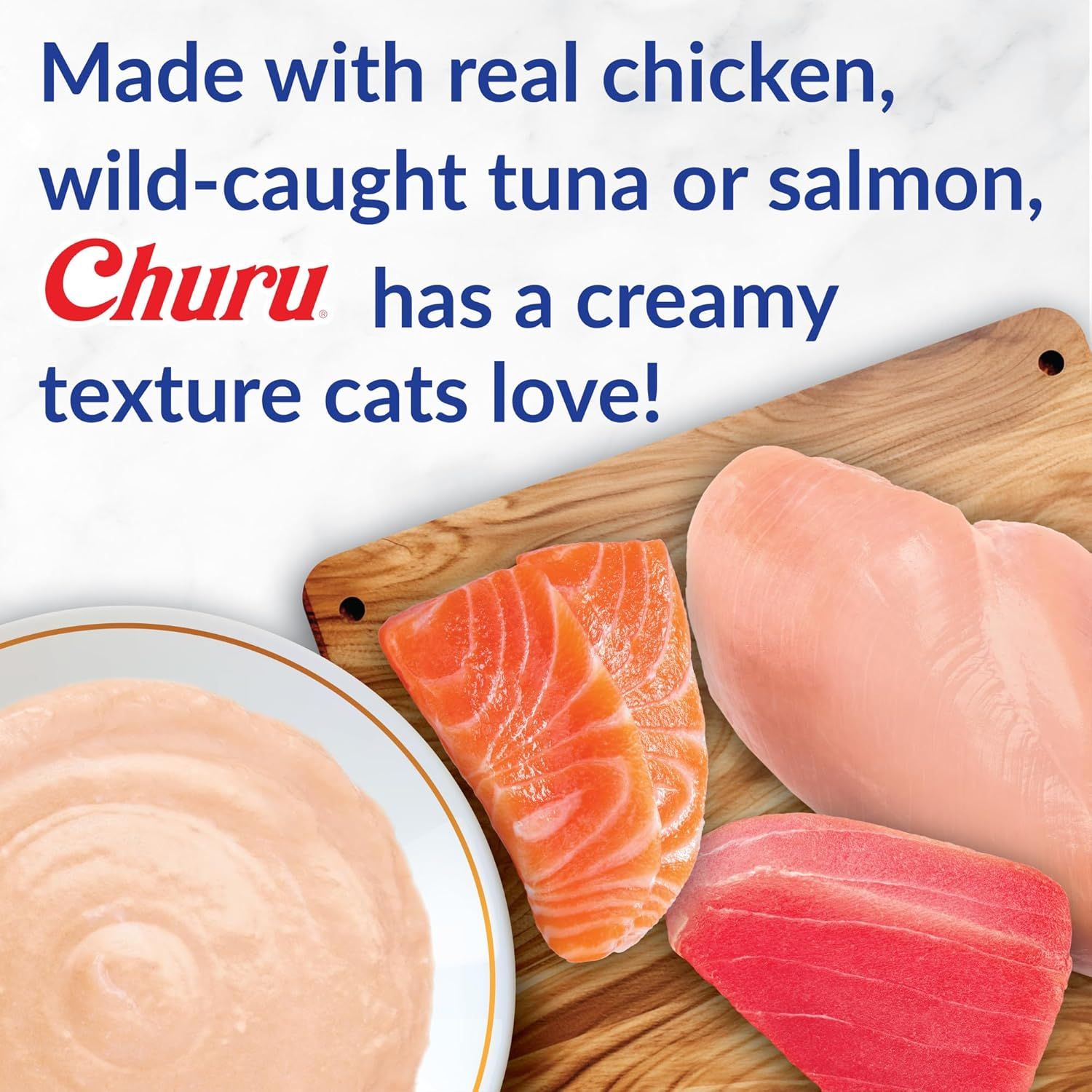 Communicates that Churu cat treats are made with high-quality, real protein sources (chicken, tuna, salmon) and have a creamy texture that appeals to cats, reassuring pet owners about ingredient…