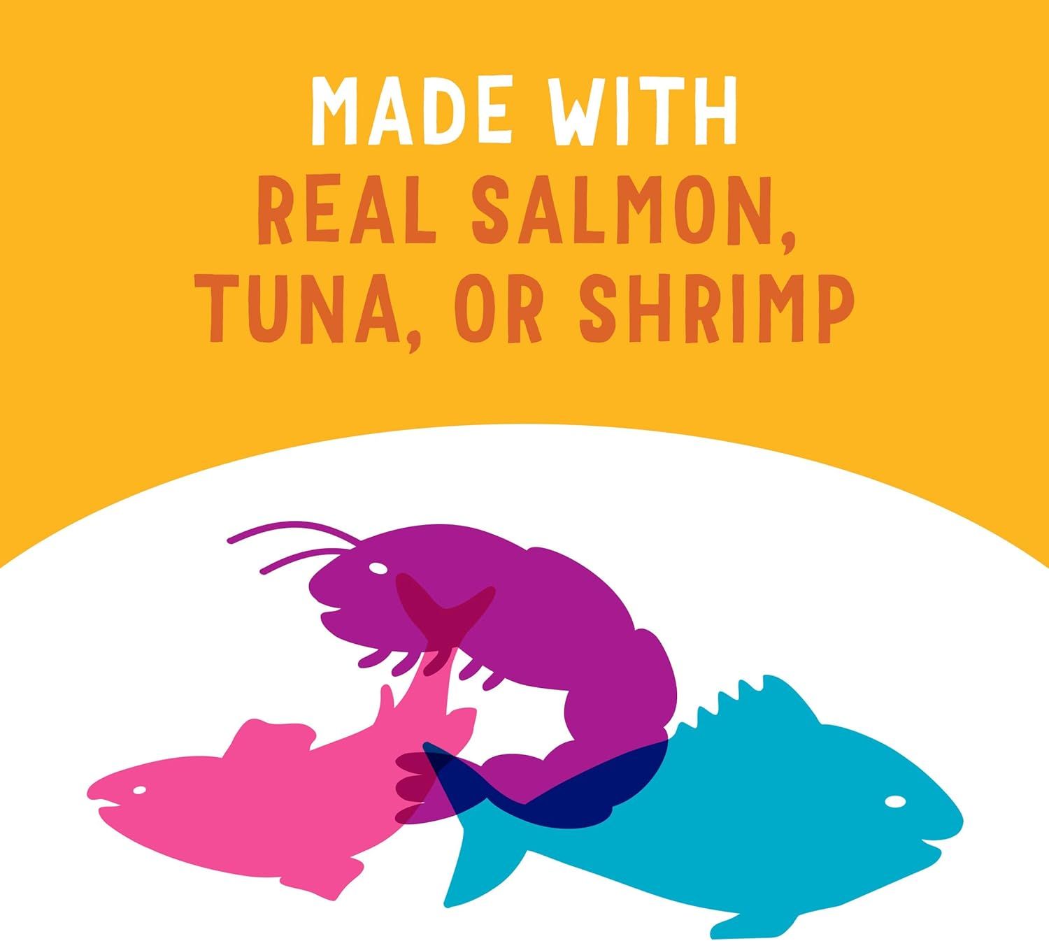 Communicates that the product is made with high-quality, real seafood proteins (salmon, tuna, or shrimp) to reassure pet owners about ingredient quality and nutritional value.