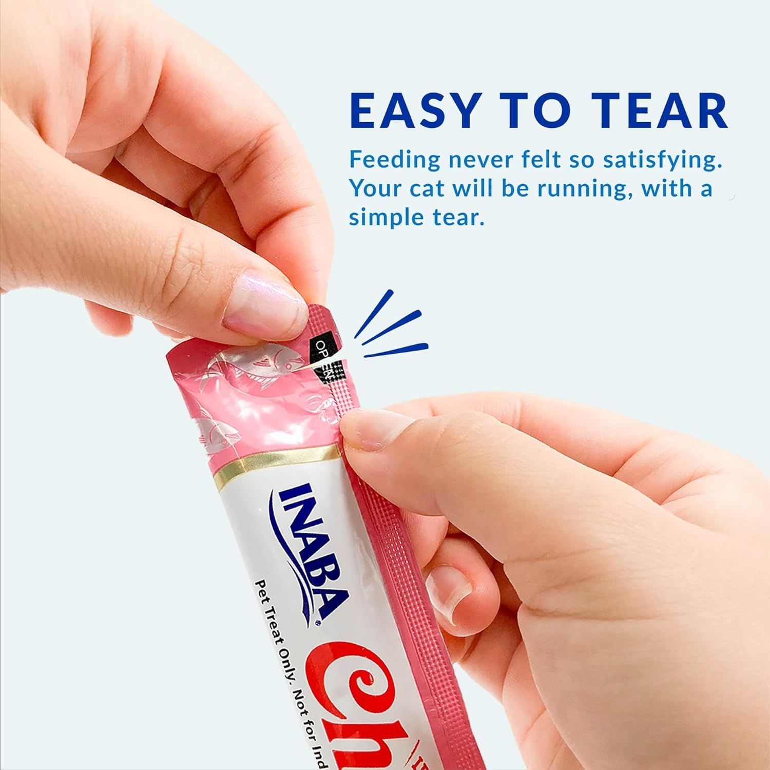 Demonstrates how simple it is to open the cat treat package with a single tear, emphasizing ease of use and convenience for pet owners. Highlights the easy-tear packaging feature as a key benefit,…