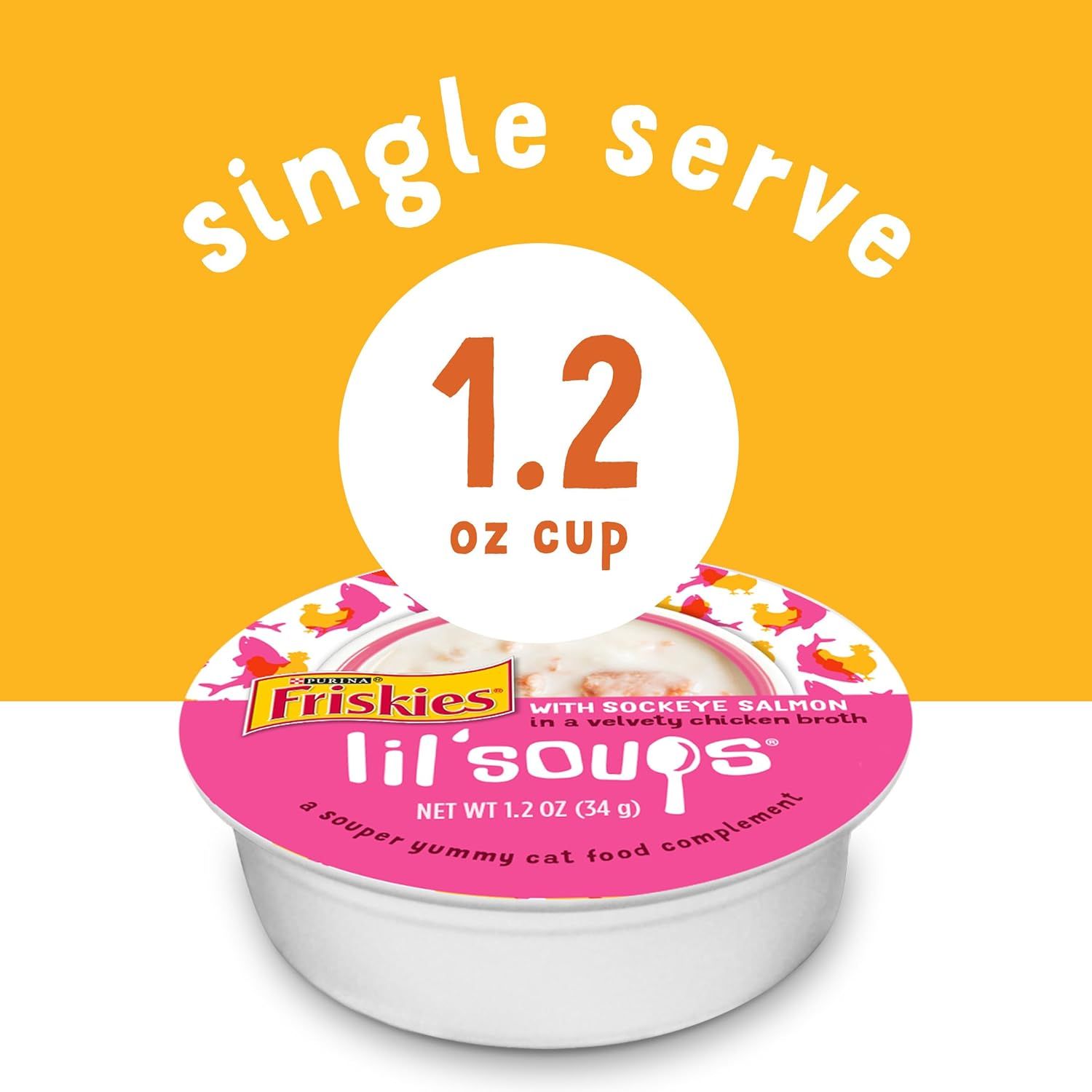 Communicates the exact portion size (1.2 oz cup) to help shoppers understand this is a single-serve cat food complement, making it easy to gauge value and feeding appropriateness.