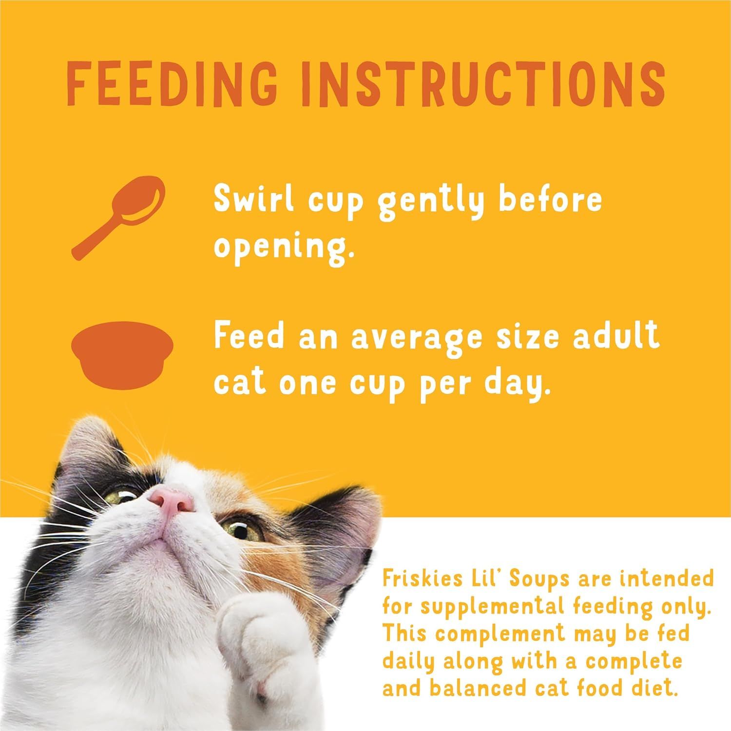 Provides clear step-by-step instructions on how to properly prepare and serve the cat food product, including serving size and supplemental feeding guidance.