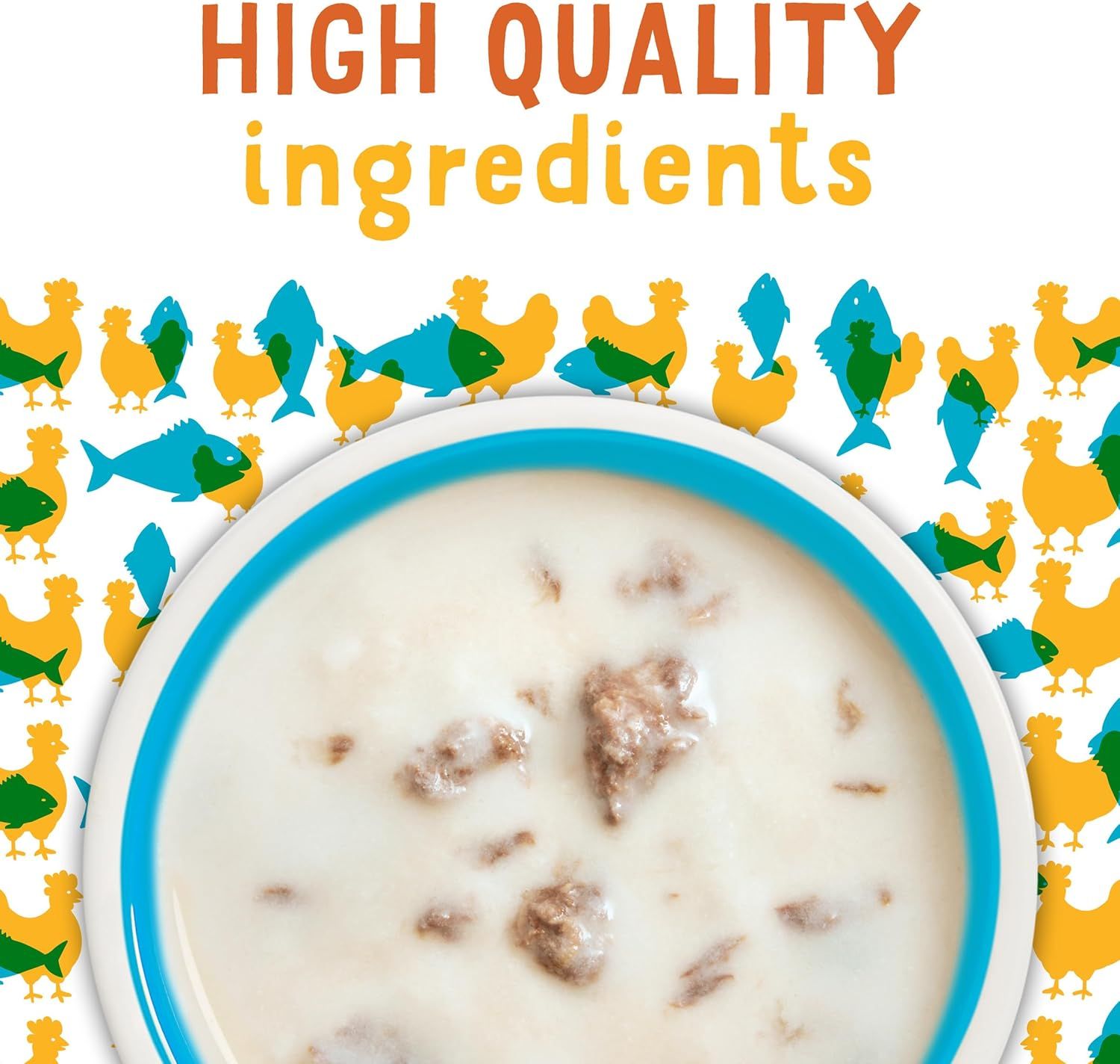 Communicates that the pet food contains premium, high-quality ingredients including real chicken and fish protein sources to reassure pet owners about nutritional value.