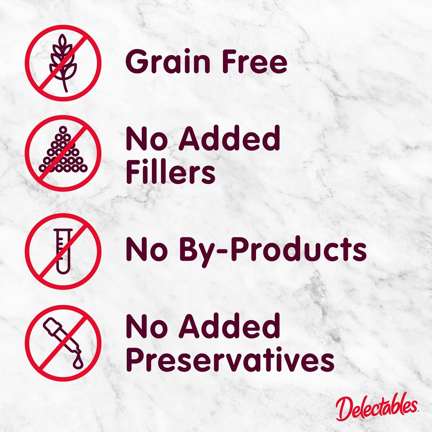 Communicates multiple quality and health benefits of the pet food product by highlighting what harmful ingredients are excluded, reassuring shoppers about the product's clean, natural formulation.
