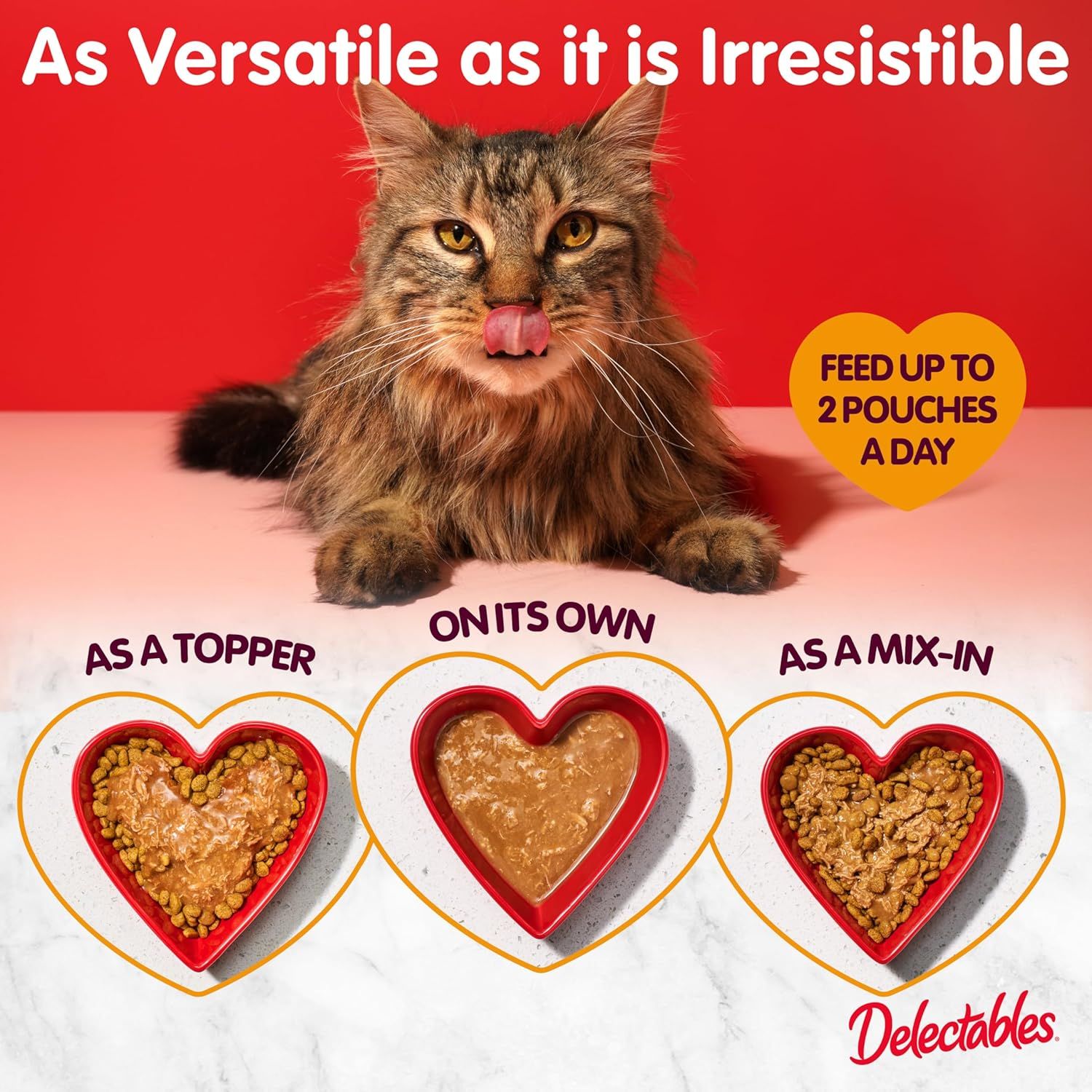 Demonstrates three different ways to serve the cat food (as a topper, on its own, or as a mix-in) to show versatility and appeal to different feeding preferences. Highlights multiple distinct…