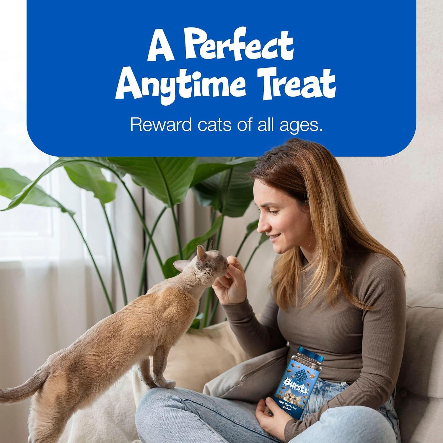Communicates that the product is a perfect treat suitable for cats of all ages, positioning it as a rewarding and enjoyable snack in a real-world home setting.