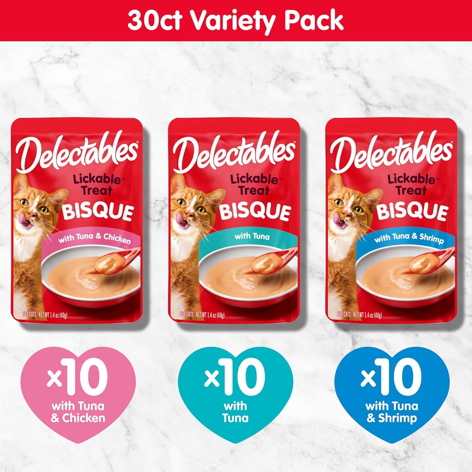 Showcases the brand's variety pack offering with three different flavor options (Tuna & Chicken, Tuna, Tuna & Shrimp) to help shoppers understand the product assortment included in the 30-count pack.