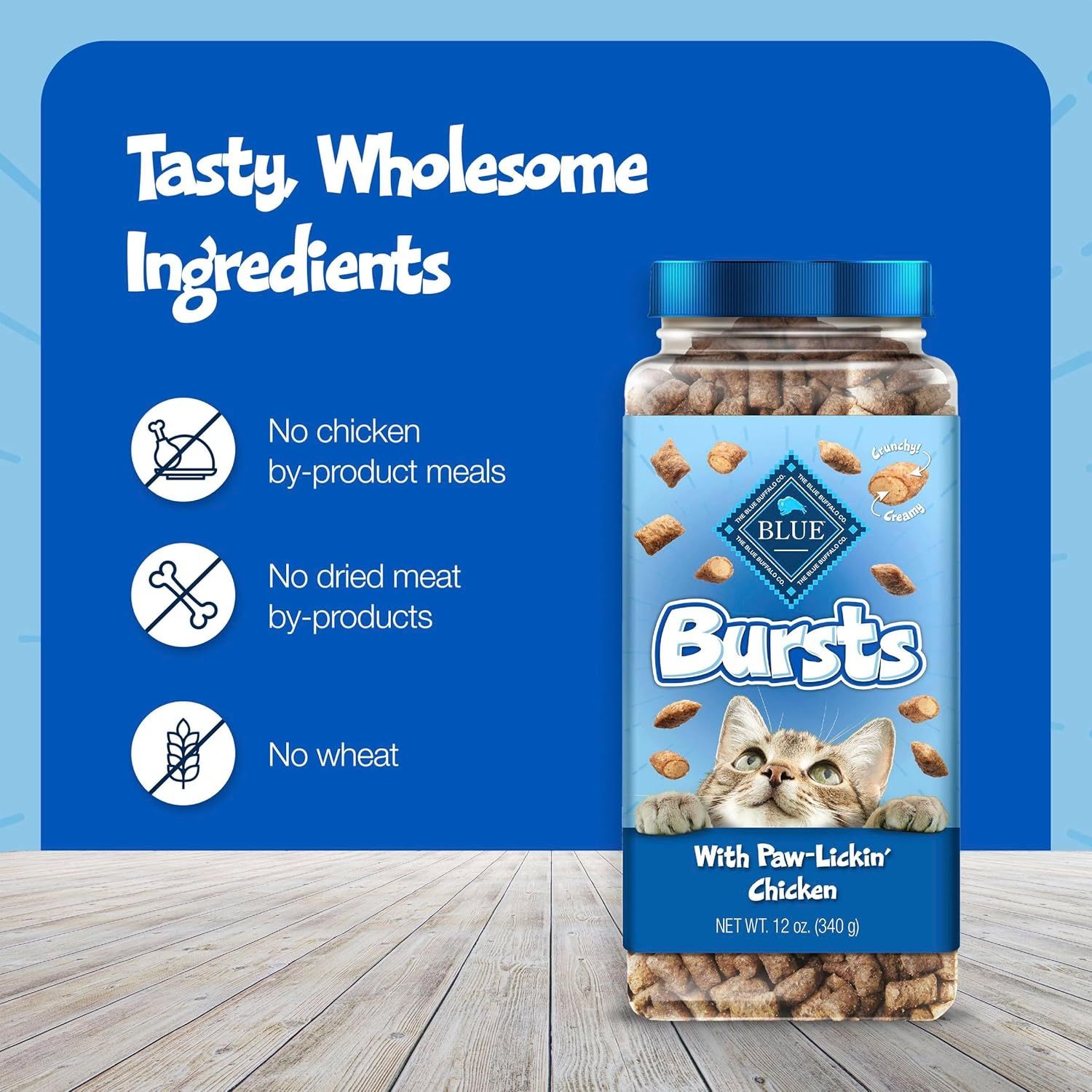 Communicates multiple ingredient quality benefits to reassure pet owners that the product contains wholesome, clean ingredients without undesirable fillers or by-products.