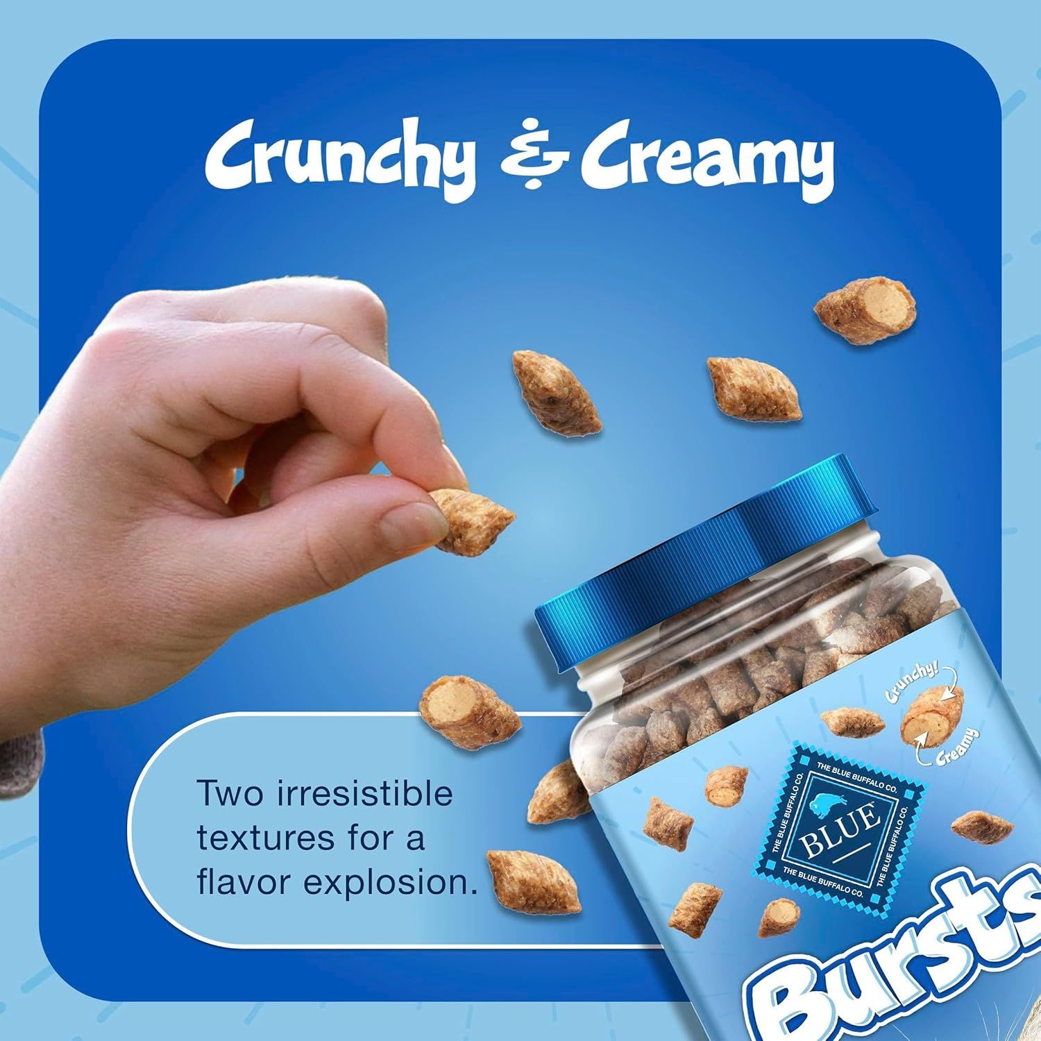 Highlights the product's unique dual texture feature to communicate a superior taste experience and flavor variety.