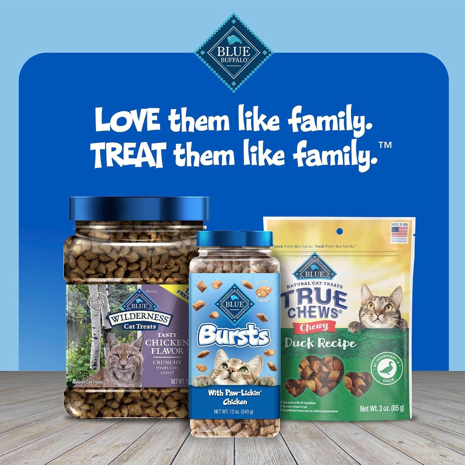 Showcases the Blue Buffalo brand's cat treat product lineup with emotional brand messaging to build trust and communicate the brand's family-focused values.