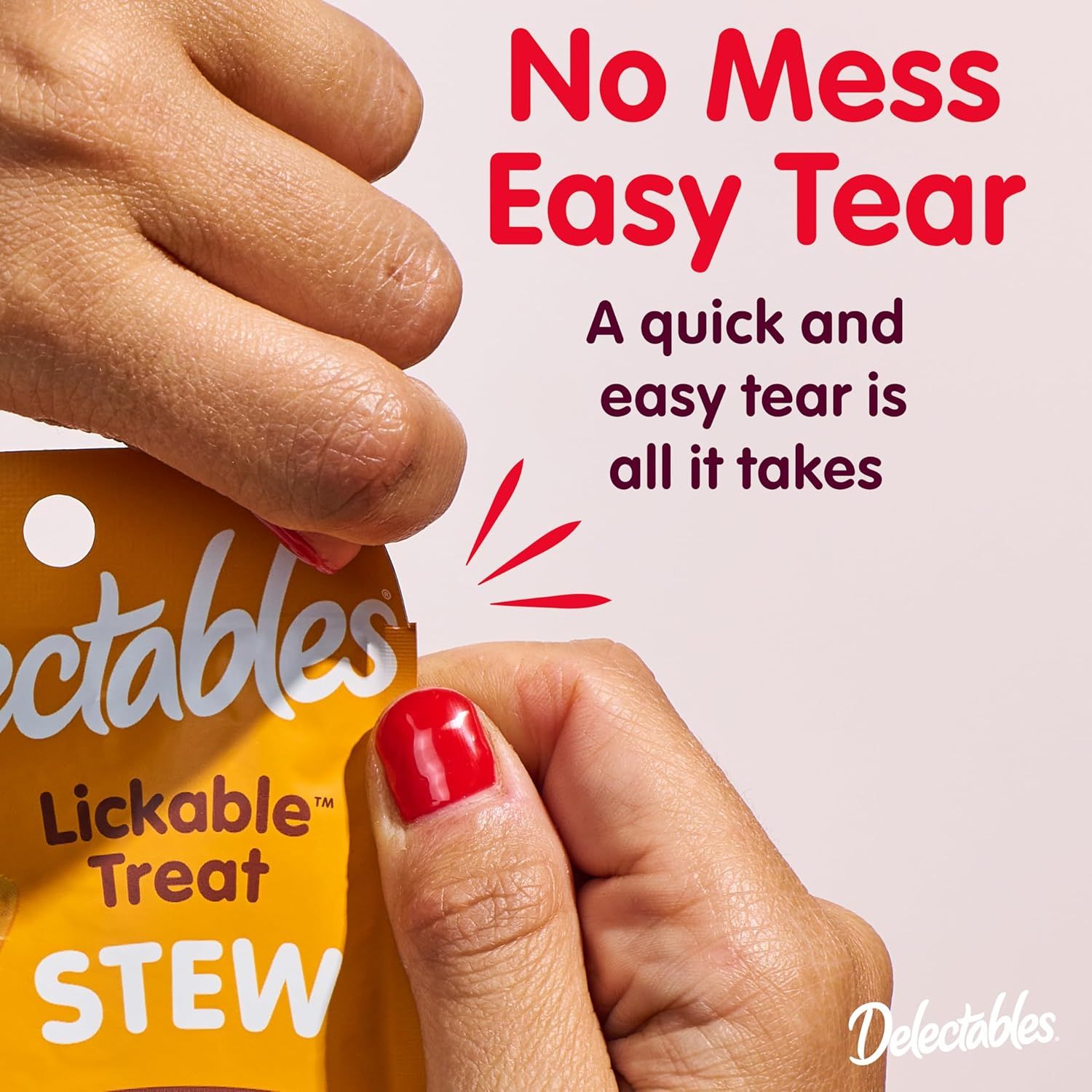 Demonstrates the convenience of the easy-tear packaging feature, reassuring shoppers that the product is quick and mess-free to open.