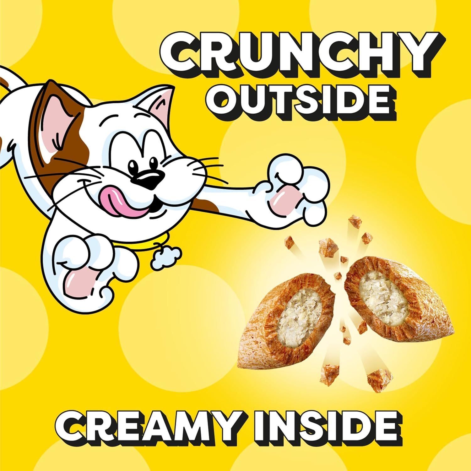 Communicates the dual-texture eating experience of the product—crunchy on the outside and creamy on the inside—to appeal to shoppers seeking satisfying texture variety.
