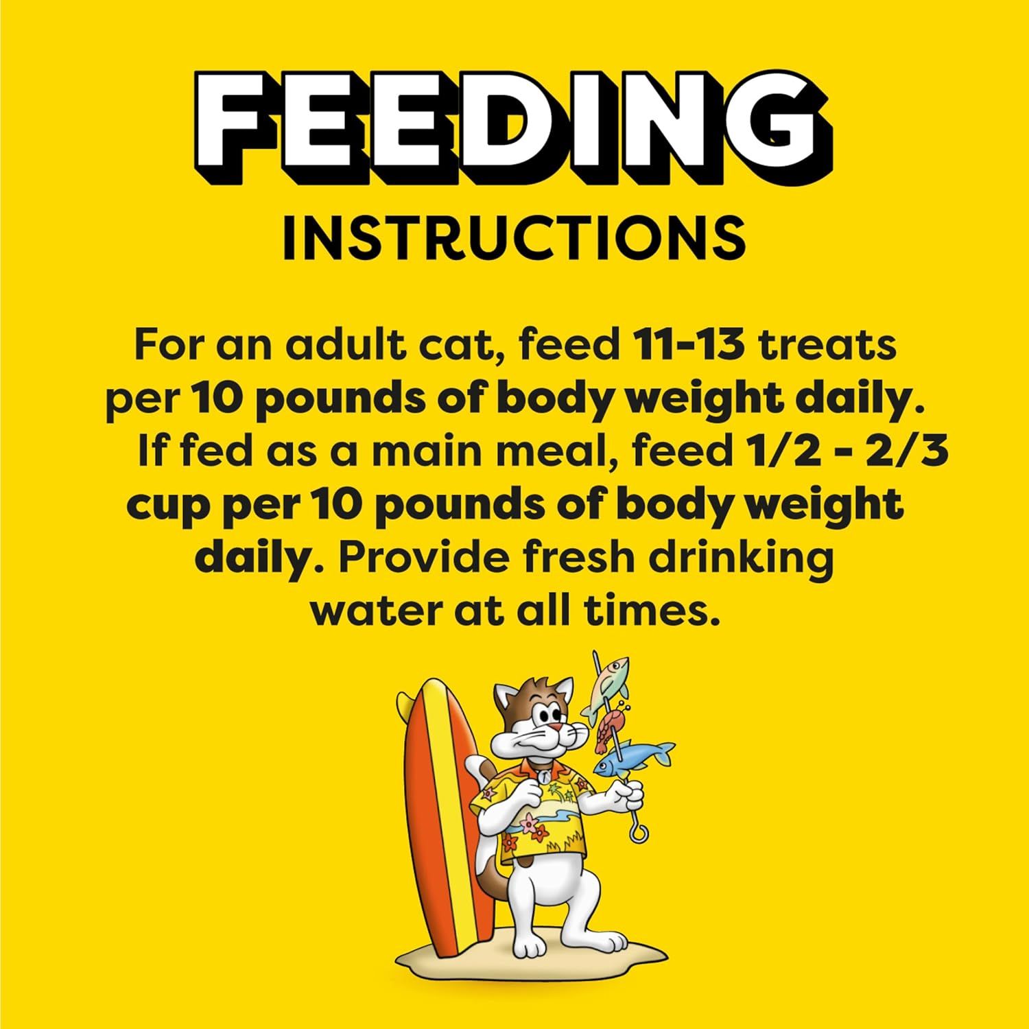 Provides clear feeding instructions for cat owners, explaining how much to feed based on body weight and whether the product is used as treats or a main meal.