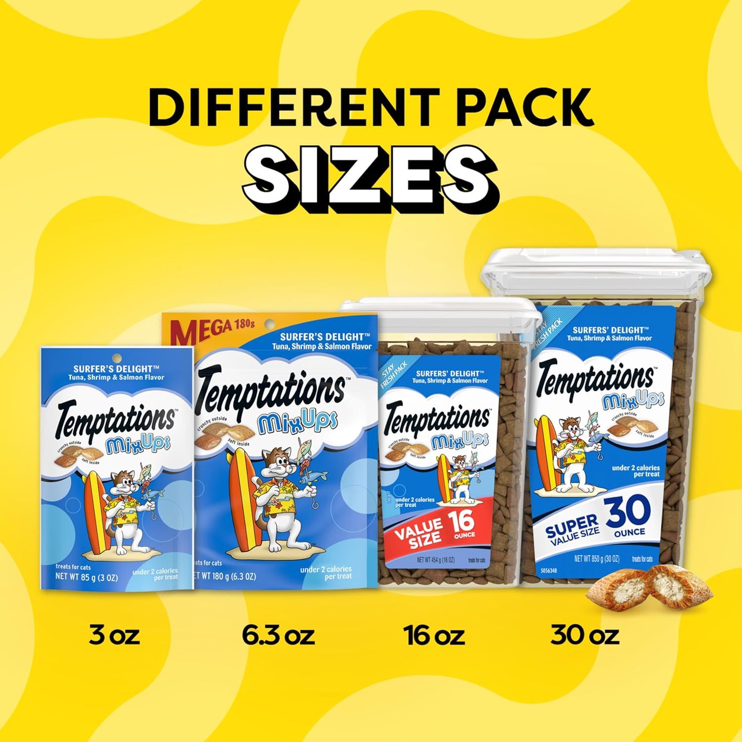 Shows the brand's product lineup side-by-side, helping shoppers understand the different pack size options available (3 oz, 6.3 oz, 16 oz, 30 oz) so they can choose the right size for their needs.
