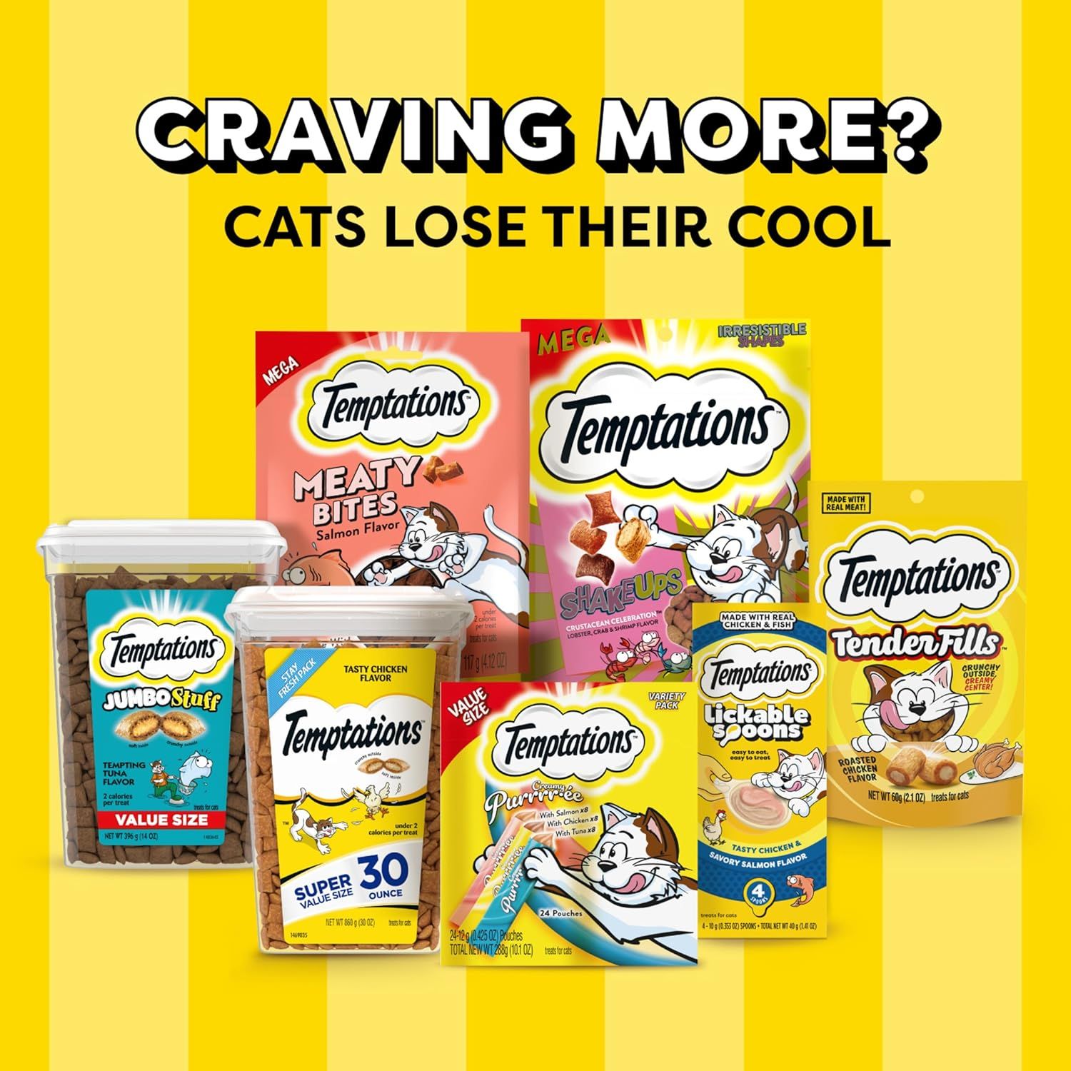 Displays the full Temptations product portfolio to help shoppers understand the variety of formats and flavors available within the brand's lineup.