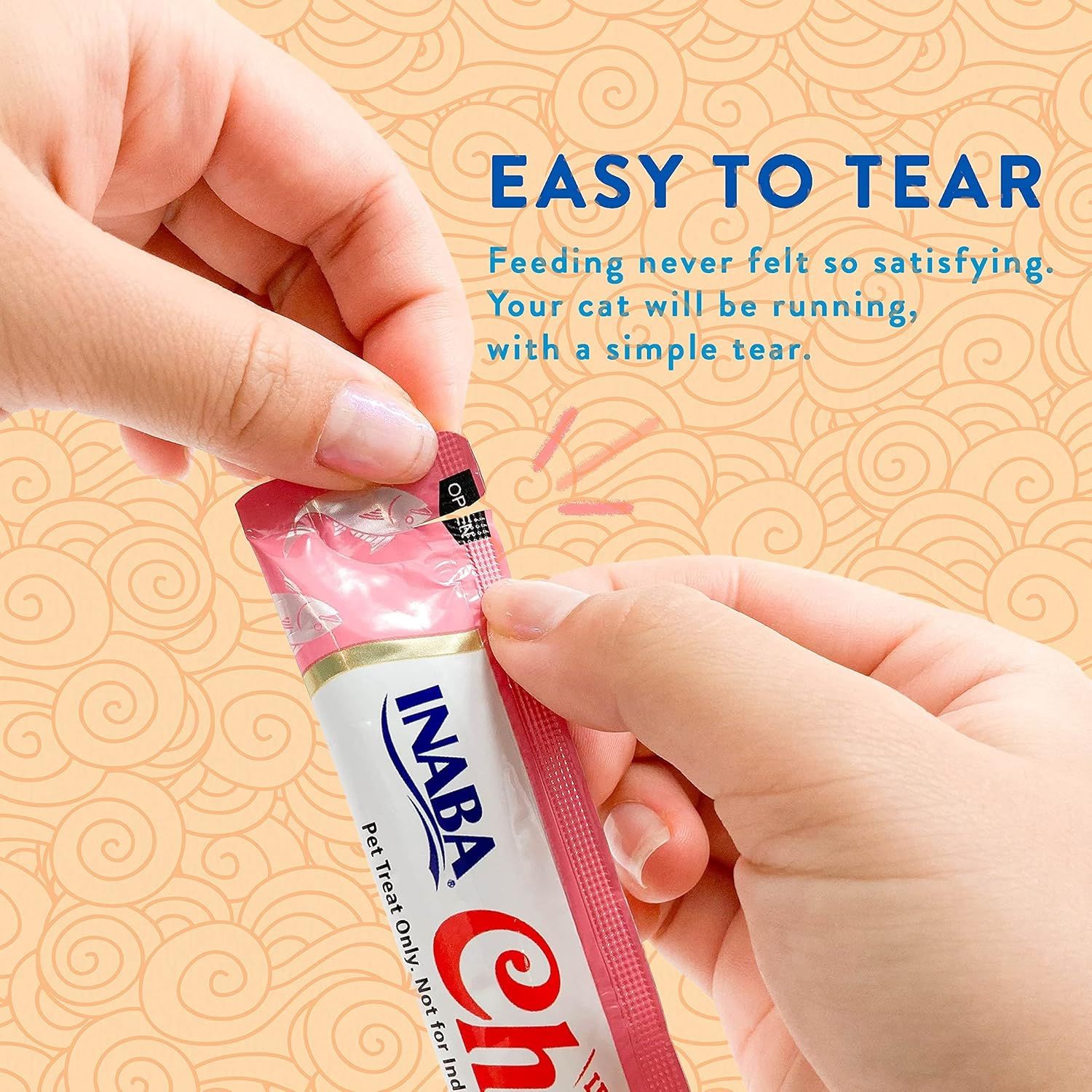Demonstrates the simple tear-open feature of the cat food pouch, reassuring shoppers that feeding their cat is quick and convenient. Highlights the easy-to-tear packaging design as a key convenience…