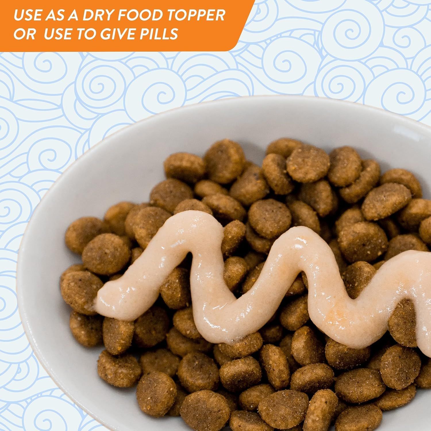 Demonstrates the product's versatility by showing two distinct ways to use it—as a dry food topper or as a method to give pills to pets.