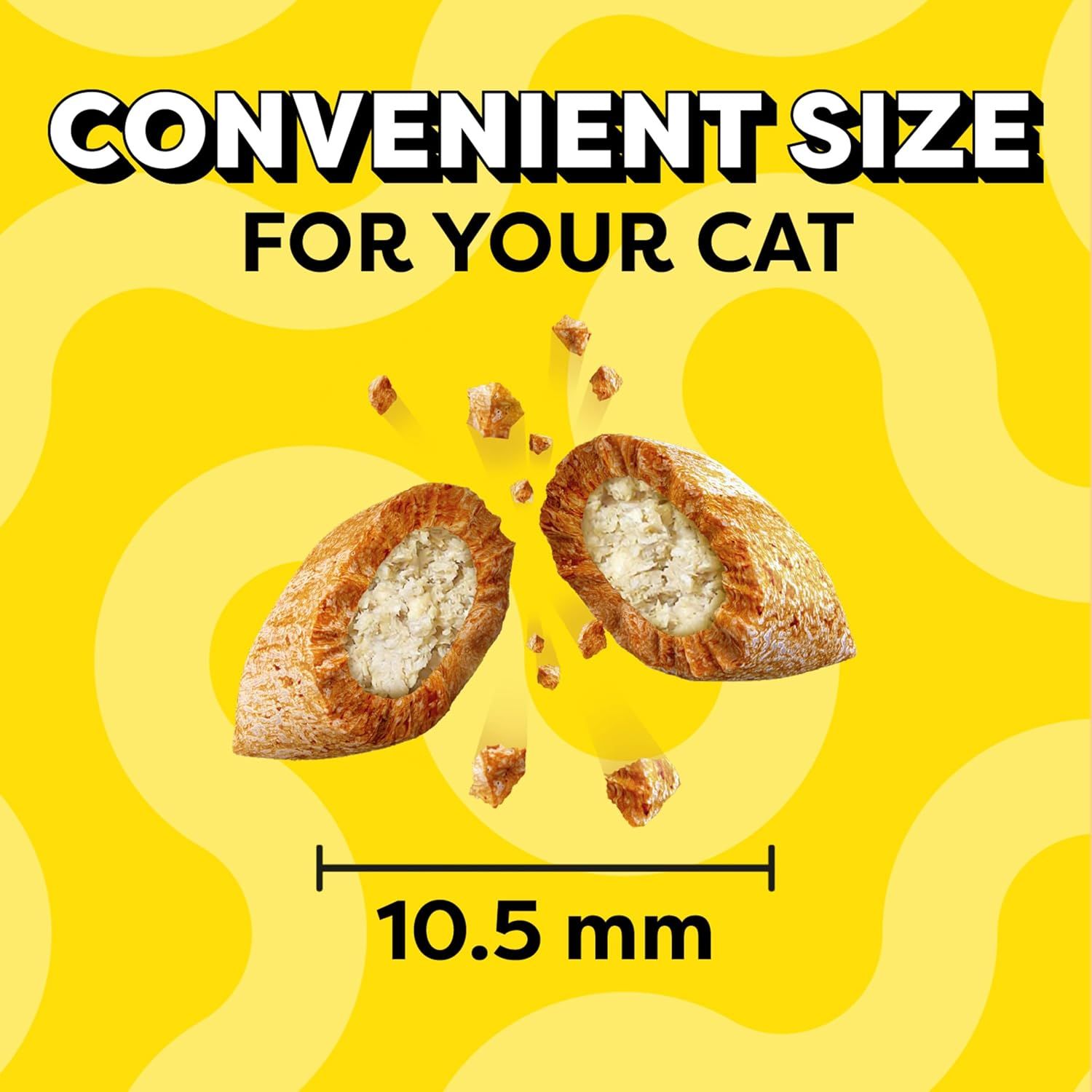 Communicates the physical dimensions of the cat food pieces (10.5 mm) to reassure shoppers that the kibble is appropriately sized for their cat to eat comfortably. Highlights the convenient sizing…