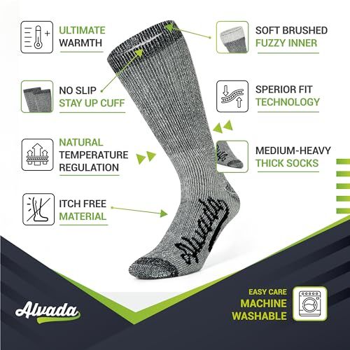 This image showcases multiple distinct benefits of the socks in a segmented layout with callouts, reassuring shoppers of the product's comprehensive performance features including warmth, comfort,…