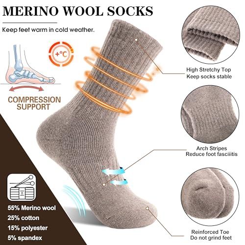 This image breaks down the physical features and construction zones of the merino wool socks, using callout lines and zoom circles to highlight specific functional components like the stretchy top,…