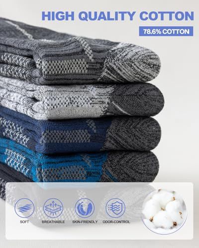 Communicates multiple material benefits of the socks (78.6% cotton composition) through a segmented layout with icons and text, reassuring shoppers about comfort, breathability, and quality.