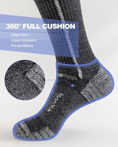 Communicates the sock's comprehensive cushioning feature that provides warmth, impact absorption, and blister prevention to reassure shoppers of comfort and protection.