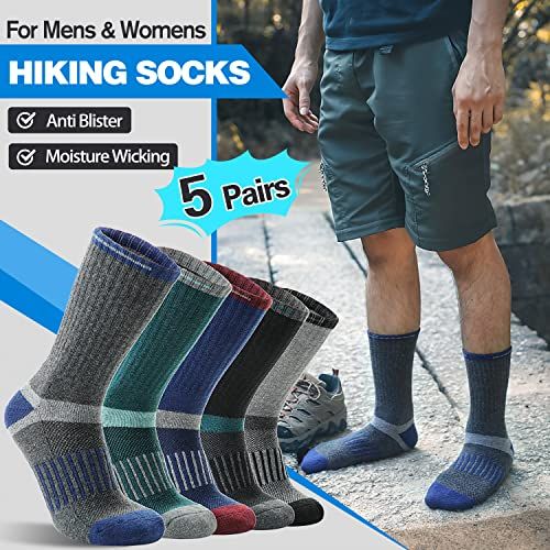 Communicates multiple key benefits of the hiking socks (anti-blister, moisture-wicking) while also highlighting the value proposition of receiving 5 pairs, appealing to both performance and…