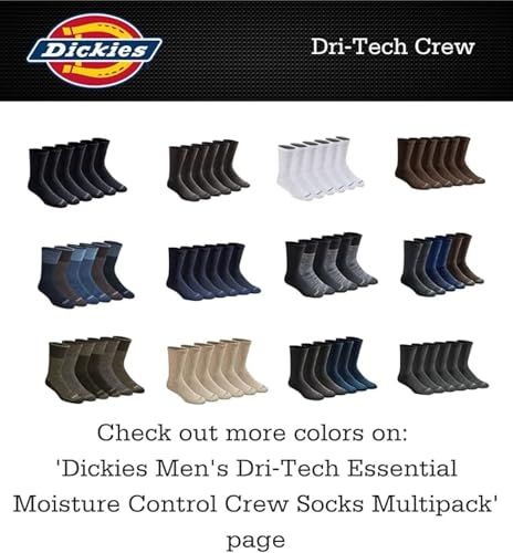 Displays the full range of color options available in the Dickies Dri-Tech Crew sock line to help shoppers visualize variety and choose their preferred style.