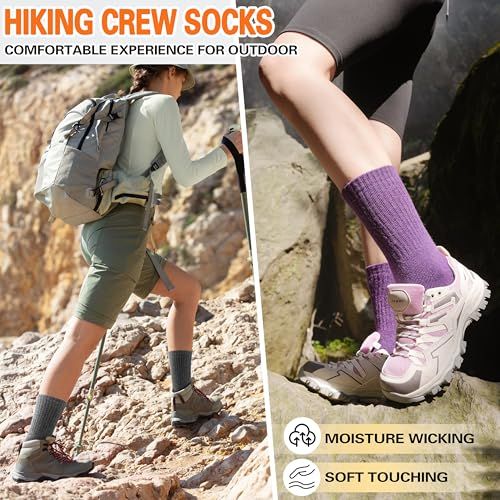 Showcases multiple benefits of the hiking crew socks through lifestyle imagery and labeled features, emphasizing comfort and performance for outdoor activities.