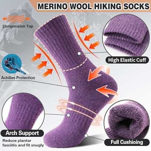 This image breaks down the physical components and structural features of the hiking socks, using arrows and zoom circles to highlight specific areas like compression, elastic cuff, protection…
