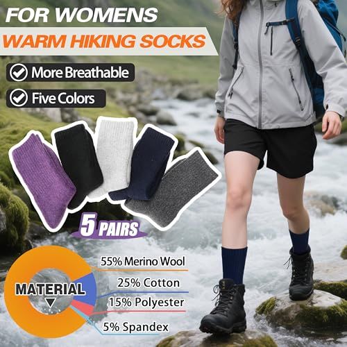 Communicates multiple selling benefits of the hiking socks including breathability, color options, and detailed material breakdown to help shoppers understand the product's quality and versatility.