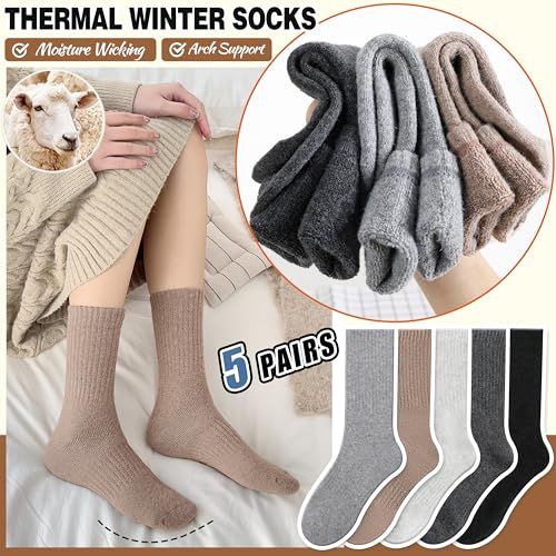 Communicates multiple key benefits of the thermal winter socks including moisture wicking and arch support, while also showcasing the product variety and 5-pair bundle offering. Shows the customer…