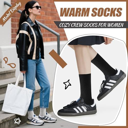 Highlights the warmth and comfort of the crew socks, positioning them as a cozy accessory for women's everyday wear and lifestyle.