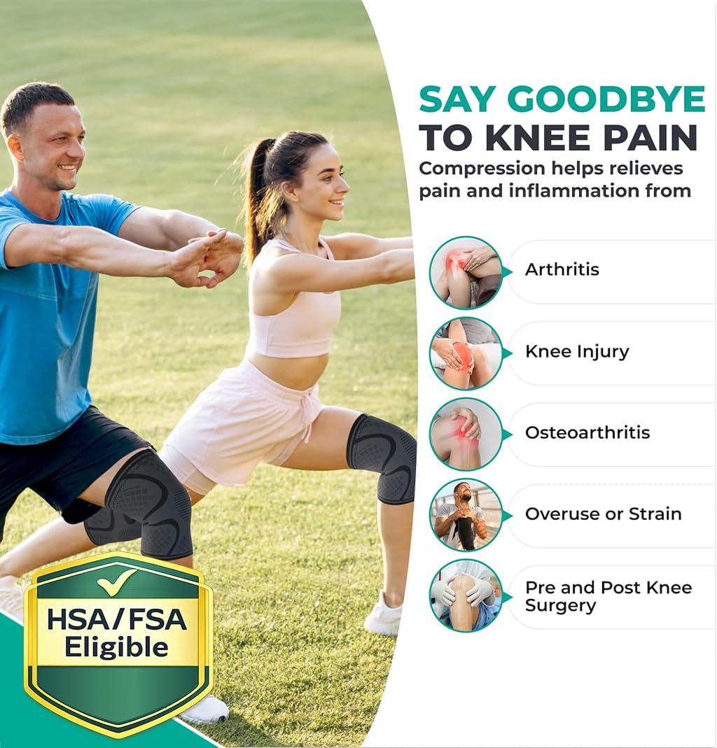 Demonstrates the multiple conditions and scenarios where the knee compression product can be used, including arthritis, knee injury, osteoarthritis, overuse/strain, and pre/post surgery, to show…
