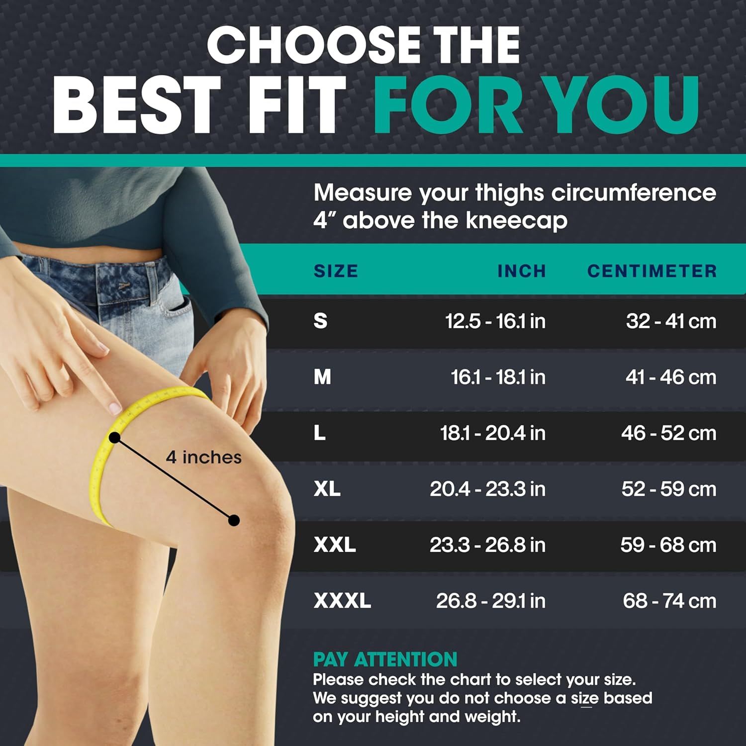 Helps shoppers determine the correct size by providing a detailed measurement chart and visual demonstration of how to measure thigh circumference 4 inches above the kneecap.