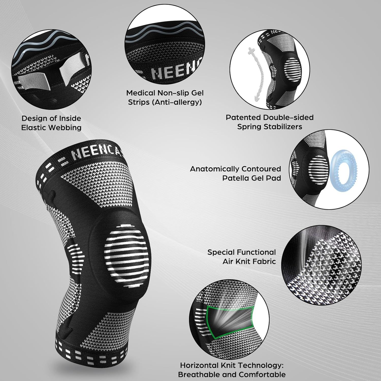 This image breaks down the knee brace by highlighting its multiple physical components and construction features, showing shoppers exactly what the product is made of and how each part contributes…