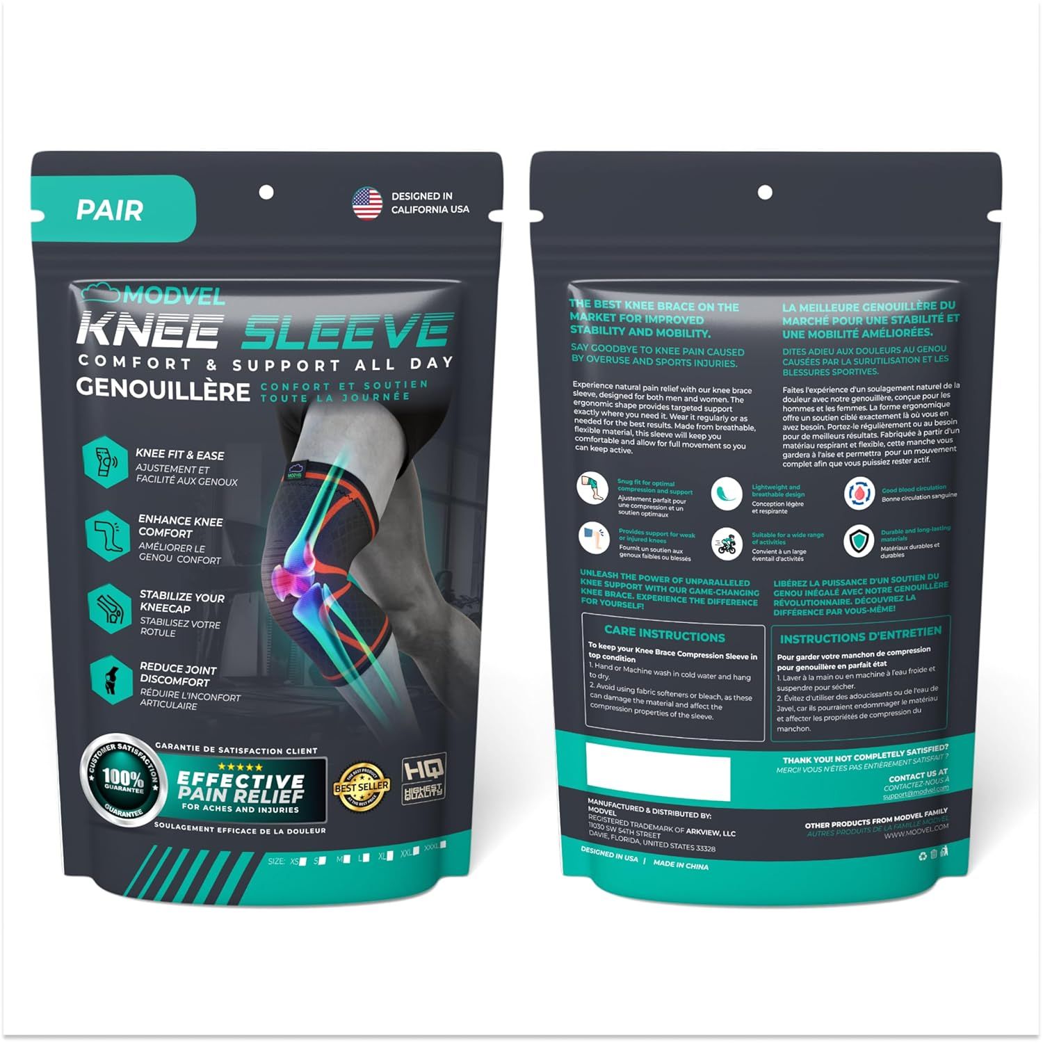 Communicates multiple distinct benefits of the knee sleeve through a visually segmented layout with icons and text blocks, showing shoppers how the product addresses various knee support needs.