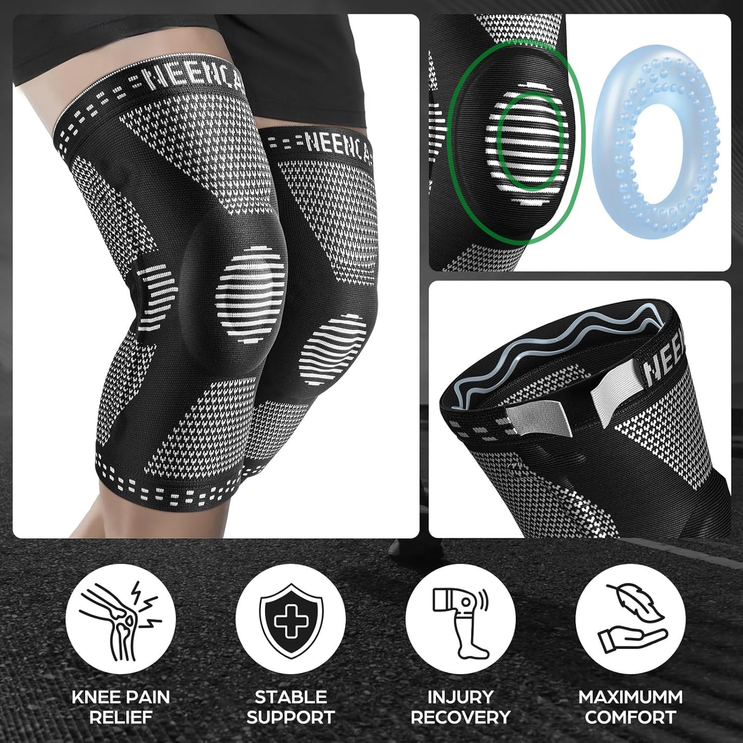Communicates multiple key benefits of the knee sleeve in a segmented layout, showing shoppers that this product addresses pain relief, stability, recovery, and comfort all in one solution.