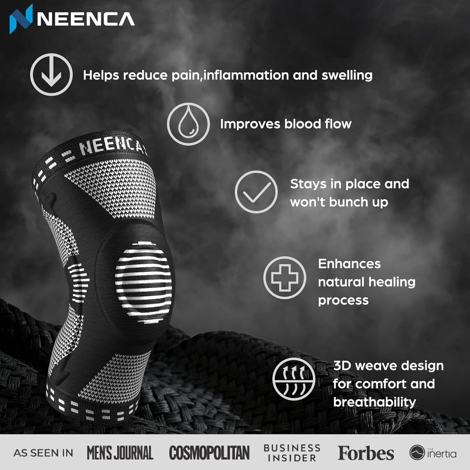 Communicates multiple health and comfort benefits of the knee brace through a visually segmented layout with icons and text, reassuring shoppers of its therapeutic effectiveness and design quality.…