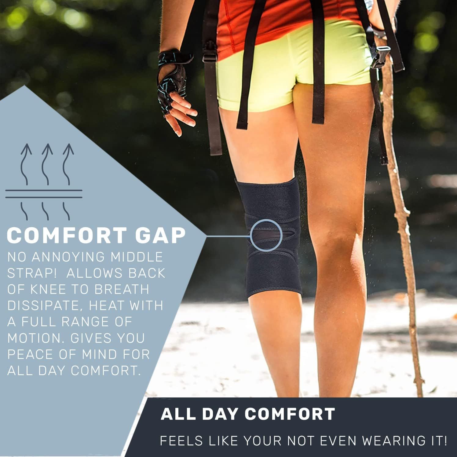 Highlights the unique comfort gap feature that allows the back of the knee to breathe and move freely, reassuring shoppers that the knee brace won't restrict movement or cause discomfort during…