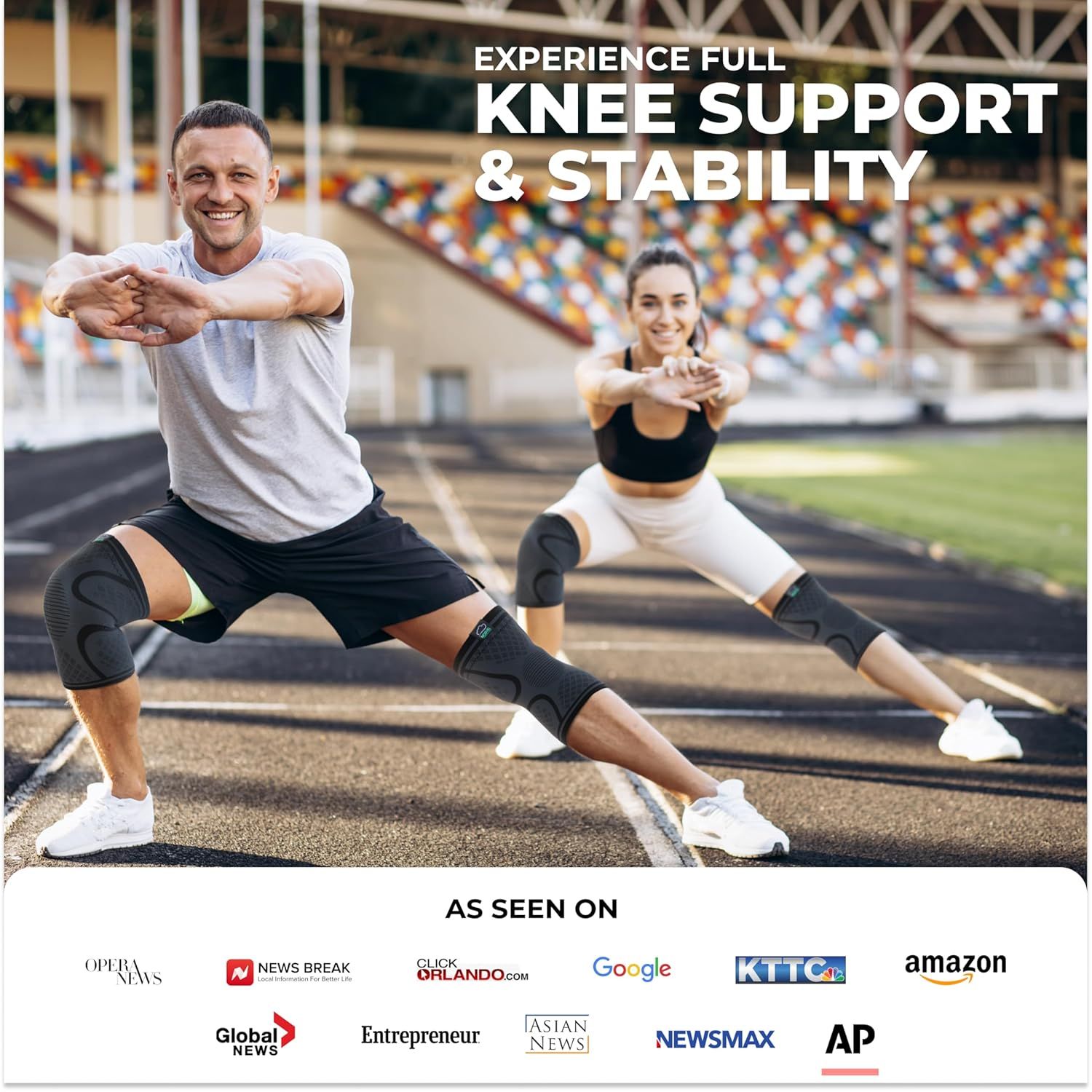 Builds credibility and trust by showcasing that the knee support product has been featured across major media outlets and publications. Demonstrates the primary benefit of the product—providing full…