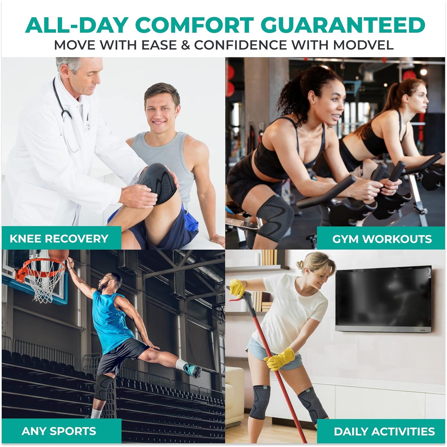 Demonstrates the versatility of the product by showing it can be used across multiple real-world scenarios including medical recovery, fitness, sports, and everyday tasks, reassuring shoppers of its…