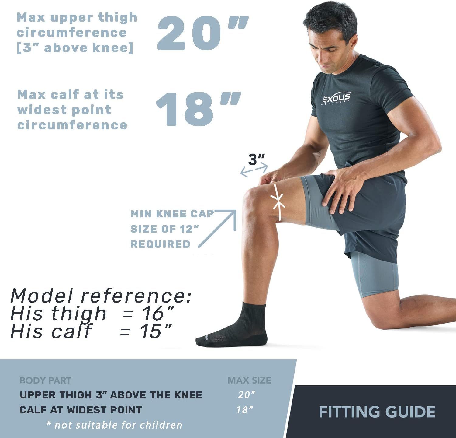 Provides detailed sizing measurements for upper thigh and calf circumference to help shoppers determine the correct fit for this knee support product.