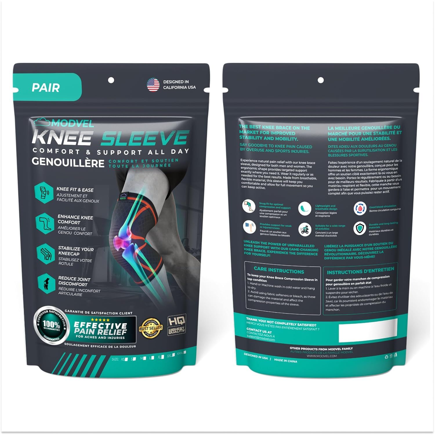 Communicates multiple distinct benefits of the knee sleeve through a visually segmented layout with icons and text blocks, showing shoppers how the product addresses various knee support needs.