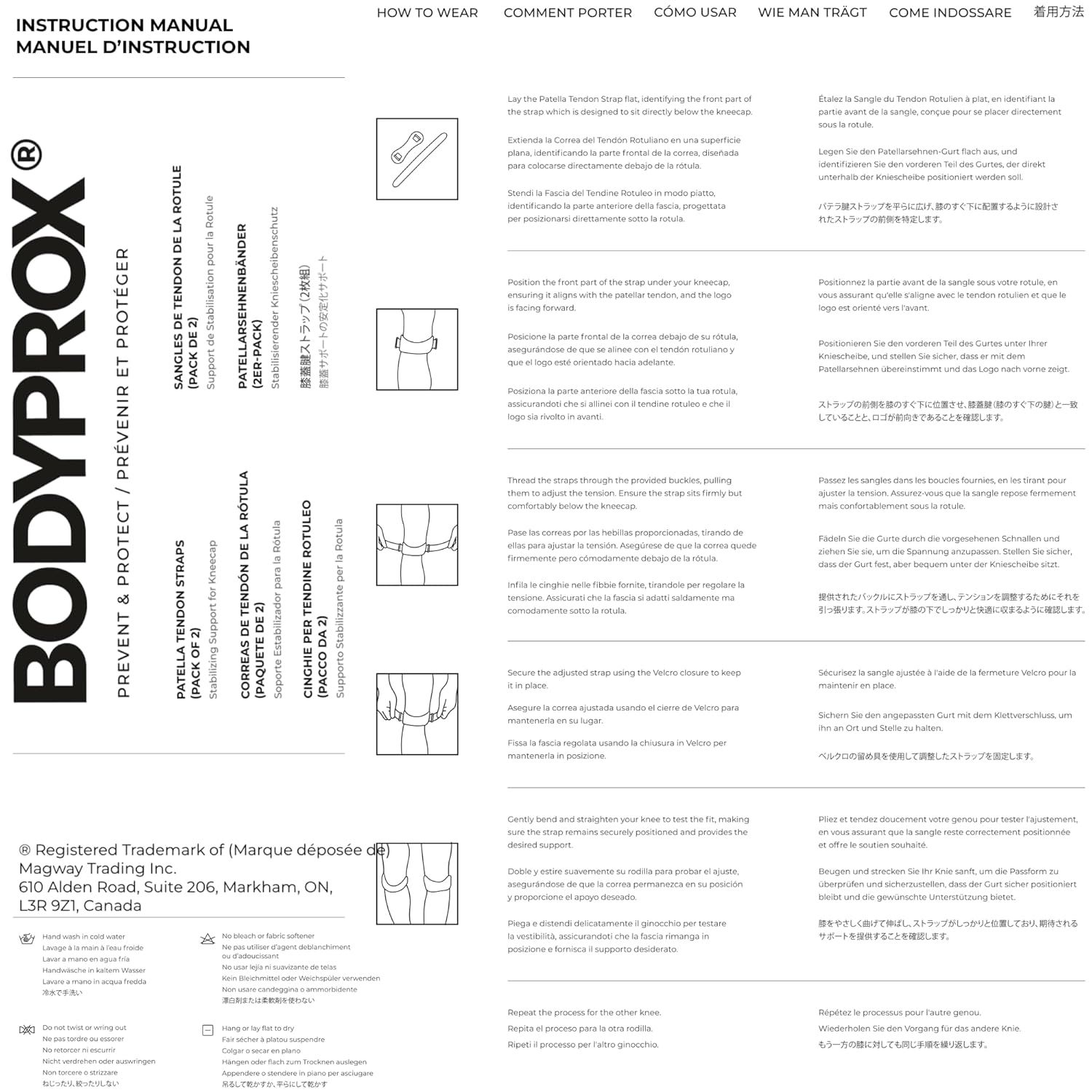 This image provides detailed sequential instructions on how to properly wear and adjust the knee strap product, ensuring correct fit and positioning for optimal support.